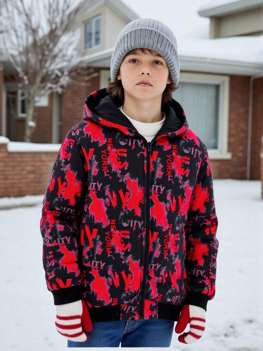 SHEIN Tween Boys' Black Winter Casual School Back-To-School Loose Fit Thick Padded Jacket,Letter Patch Hooded Versatile Coat For Commuting,Sports & Vacation - White - View 1