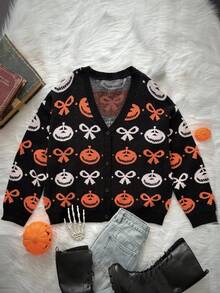 Whyspr Halloween Plus Size Women Pumpkin & Bow Jacquard Knitted Sweater, Cute Black And White Autumn Fashionable Versatile Round Neck Knits Sweatshirt - Multicolor - View 1