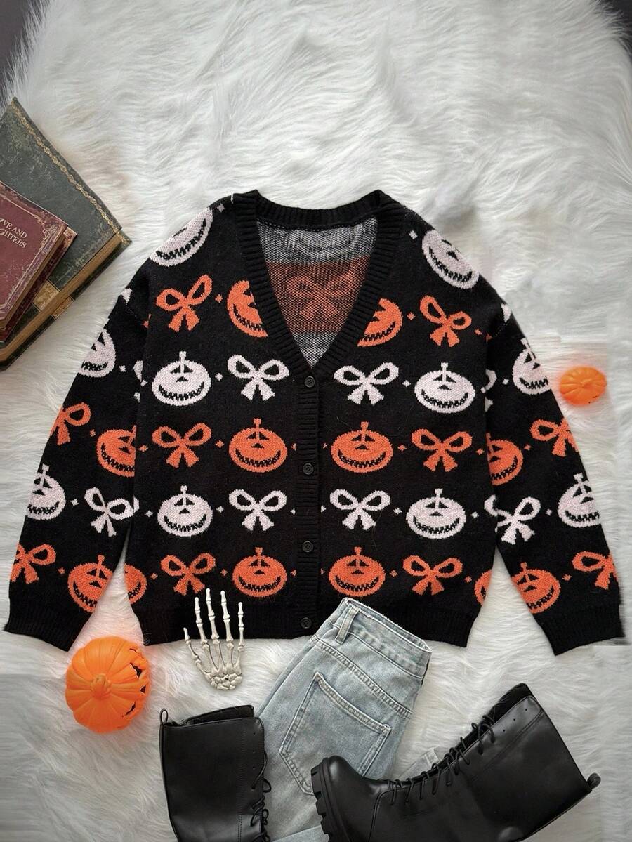 Whyspr Halloween Plus Size Women Pumpkin & Bow Jacquard Knitted Sweater, Cute Black And White Autumn Fashionable Versatile Round Neck Knits Sweatshirt - Multicolor - View 1