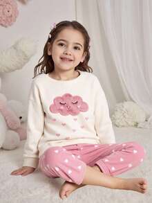 SHEIN 2pcs Young Girls' Cloud Pattern Embroidery Flannel Long Sleeve Top And Pants Pajama Set, Comfy For Fall Winter - Pink - View 6