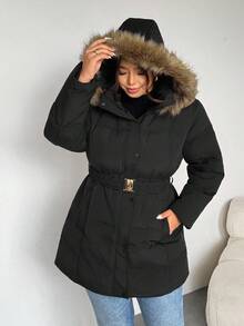 Firerie Plus Size Casual Hooded Fluffy Brown Contrast Color Beanie Hat, Black Cinched Waist Metal Buckle Belt Long Sleeve Thick Padded Coat For Hiking & Skiing, Autumn/Winter Plus Size Winter Coat Plus Size Jackets Plus Size Winter Clothes Women Plus Size Coats Winter Outerwear Women Coats For Women Plus - Black - View 3