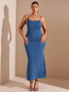 SHEIN BAE Plus Size Sexy Bodycon Denim Slip Dress, Blue - Blue - View 6