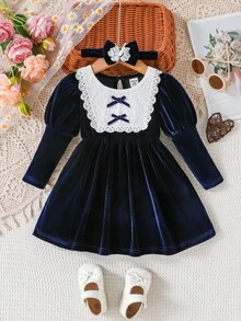 Souflis Souflis 女婴花朵荷叶边蝴蝶结装饰泡泡袖天鹅绒连衣裙，带头巾，可爱优雅，适合日常、度假、休闲穿着 - 藏蓝色 - 查看 3