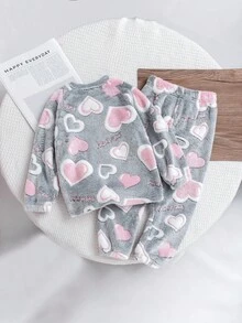Genkimix Kids 2 件女童可爱心形和卡通猫毛绒保暖裤舒适睡衣套装，秋冬