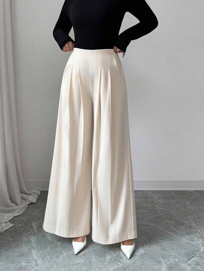 Elenzga 女士时尚纯色休闲裤，带口袋和侧拉链，宽松垂坠褶皱设计，修身阔腿，适合春秋季节