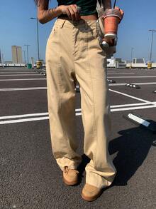 Livesso Women's Solid Color Loose Casual Jeans With Decorative Topstitching