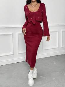 2pcs Set Elegant Beaded Decor V-Neck Long Sleeve Top & Fitted Knit Maxi Skirt, Stylish Outfit For Teens & Young Women, Spring/Autumn Fall Winter - Burgundy - View 4