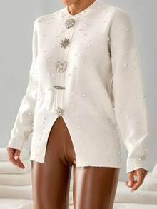 Embellished Pearl Knit Cardigan With Ornate Gold Statement Buttons And Ribbed Crew Neck Detail,Jumper,Jumpers For Women,Cream Jumper,Jumpers,Christmas Jumper,White Jumper,Black Jumper,Ladies Jumper,Tall In Women,Women's Jumpers