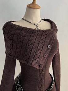 Elamini Women's Retro Casual Off Shoulder Twist Cable Pattern Fitted Knit Dress Fall Winter Cloth For Women - Brown - View 3