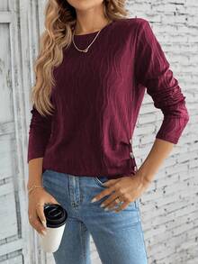 SHEIN LUNE Áo thun nữ tay dài cổ tròn xếp ly màu trơn đơn giản, thoải mái - Màu Đỏ Sâu - Xem 3