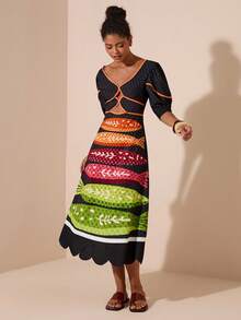 Travachic 女士度假休闲撞色印花镂空连衣裙 - 黑色 - 查看 6