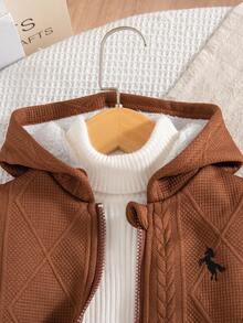 2pcs/Set Toddler Boys Autumn/Winter Wheat Ear Jacquard Plush Zip-Up Hoodie Jacket & Fleece Pants Set,Shades Of Brown,Autumn,Modest,Date,Versatile Warm - Brown - View 5