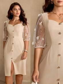 Roveilla Đầm midi ôm sát tay ngắn màu mơ thanh lịch cổ vuông xẻ tà phía trước cho nữ cỡ lớn - Màu be - Xem 9