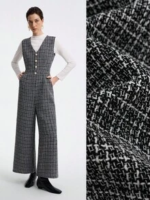 Aalyst Jumpsuit Wanita Kasual Leher V dengan Pinggang Ramping dan Kaki Lebar, Motif Jacquard Bertekstur, Tanpa Lengan - Hitam dan Putih - View 1