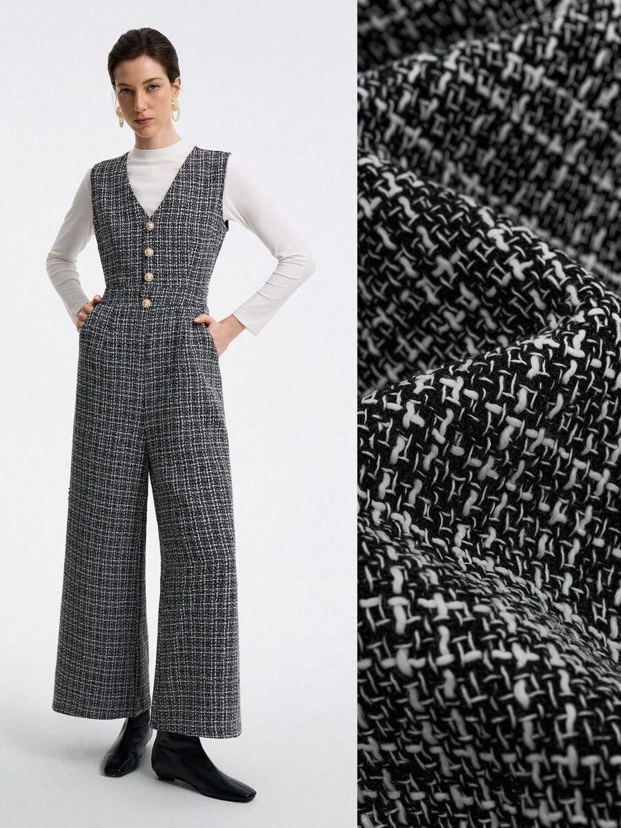 Aalyst Jumpsuit Wanita Kasual Leher V dengan Pinggang Ramping dan Kaki Lebar, Motif Jacquard Bertekstur, Tanpa Lengan - Hitam dan Putih - View 1