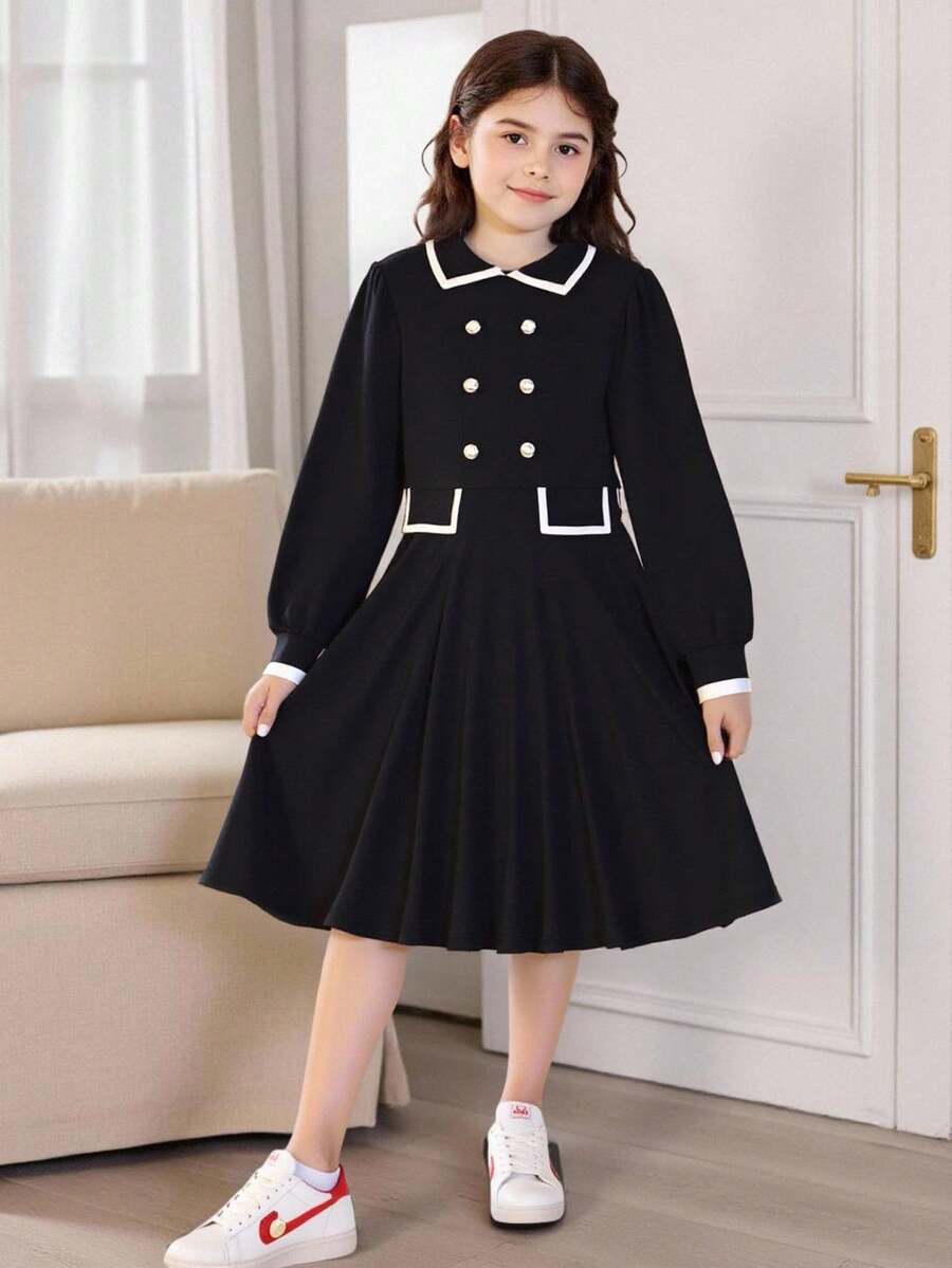 SHEIN Early Autumn New Arrival Sweet French Double-Breasted Dress, Fashionable Elegant Goddess Style Slim Fit School Girl Dress Fall Winter - Black - View 1