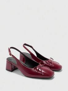 CUCCOO BIZCHIC 女士时尚勃艮第蝴蝶结后带经典低跟粗跟平底鞋，百搭日常穿着、通勤、优雅办公鞋