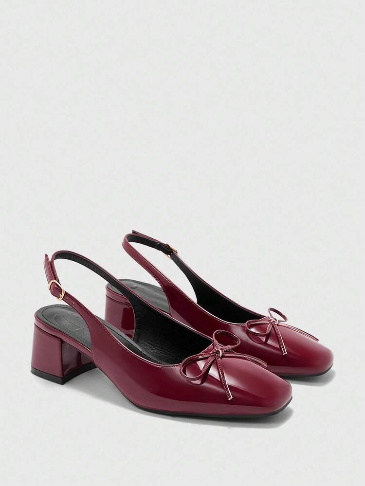 CUCCOO BIZCHIC Women's Fashion Burgundy Bow Backstrap Classic Low Chunky Heel Flats, Versatile For Daily Wear, Commuting, Elegant Office Shoes For Christmas Spring Shoes