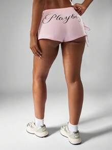Missguided x Playboy Cut Out Tie Side Fitted Booty Shorts With Script Print Summer Festival Beachwear - Pink - View 6