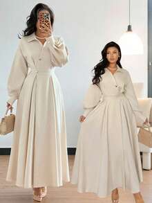 Rafferiza Women's Turndown Collar Dropped Shoulder Long Sleeve Waist Flared Dress, Suitable For Outings, Vacations, Holidays, And Travels Fall Cloth For Women Long Sleeve Elegant Dress - Apricot - View 3