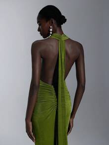 Elitara Elegant, Romantic, Sexy, Minimalist, Green, Knitted Fabric, Halter Neck, Slim Fit, Fishtail, Fashionable, Influencer Style, Holiday, Birthday Party, Wedding Event, Bridesmaid Dress - Green - View 3