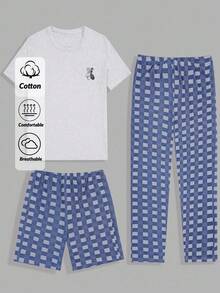 RueChic 3pcs Men's Plaid Pocket T-Shirt, Shorts, And Pants Pajama Set - Grey - View 1