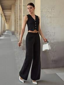 CLARA VERO Conjunto de 2 piezas de chaleco de punto con botones delanteros y pantalones de punto de unicolor para mujer, ropa de invierno, otoño - Negro - Ver 7