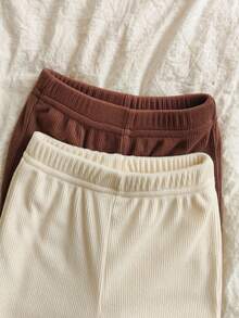 Vintaside Kids 2件套女婴休闲舒适纯色松紧腰荷叶边下摆喇叭裤套装 - 彩色 - 查看 5