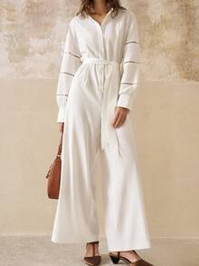 Cévolie 女装春秋新款波西米亚碎花拼接灯笼袖衬衫领阔腿宽松连体裤 - 白色 - 查看 1