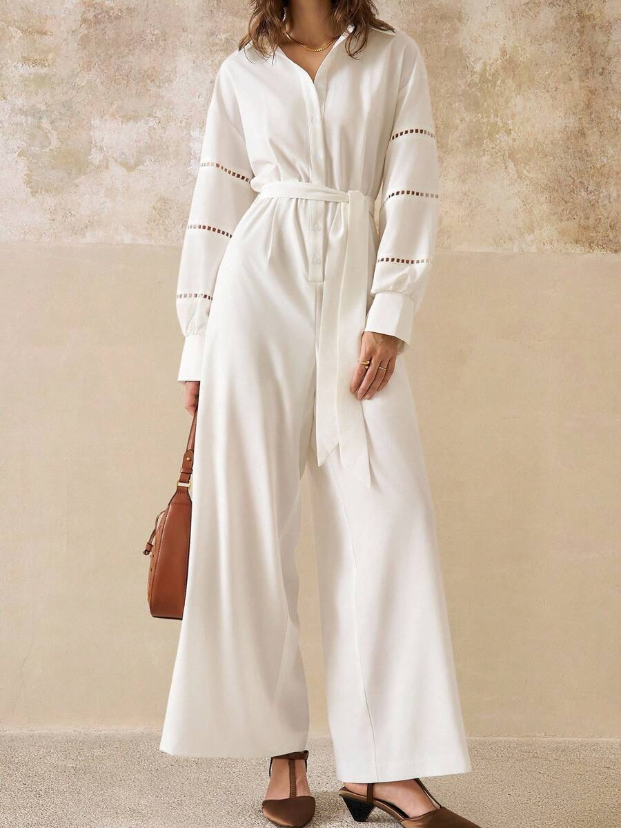 Cévolie 女装春秋新款波西米亚碎花拼接灯笼袖衬衫领阔腿宽松连体裤 - 白色 - 查看 1