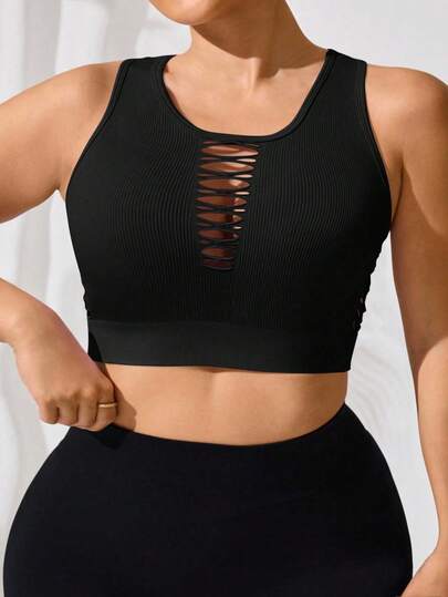 Rhythm Era Große Größen Schwarzes sexy Sport-Tanktop für Damen, Cut-Out