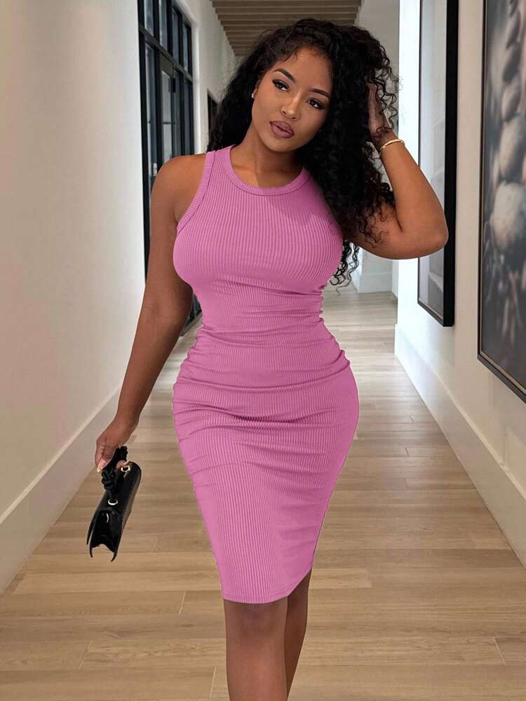 Alexandranx Women Simple Solid Color Bodycon Sleeveless Casual Dress - Baby Pink - View 5