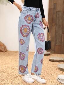 EMERY ROSE Printed Loose Straight Leg Jeans - Light Wash - View 7