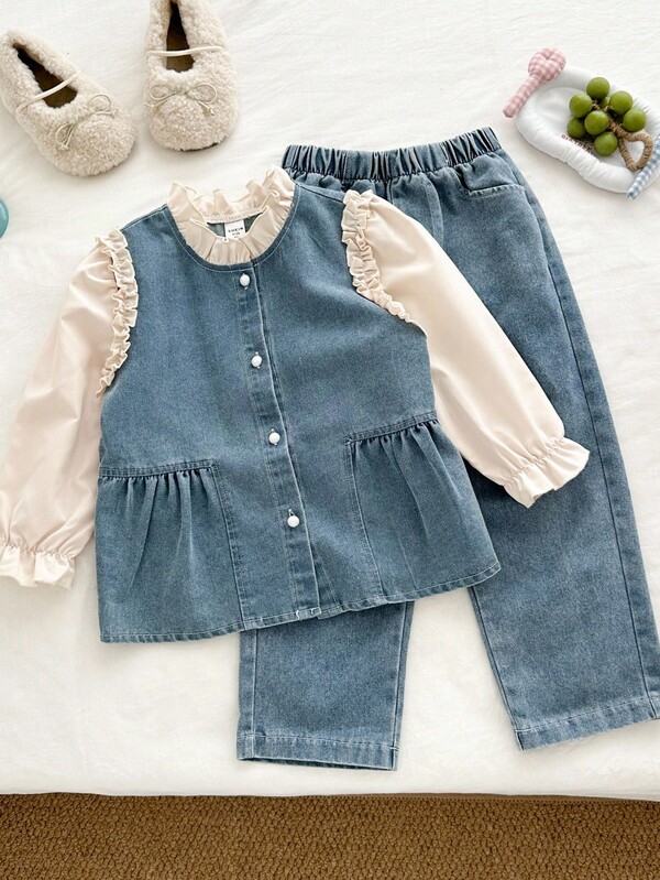 Genkimix Kids 2 件套幼儿女童可爱牛仔长袖上衣，带花卉饰边和宽松牛仔裤套装，二合一设计，舒适百搭，适合日常穿着、度假、郊游、上学、派对