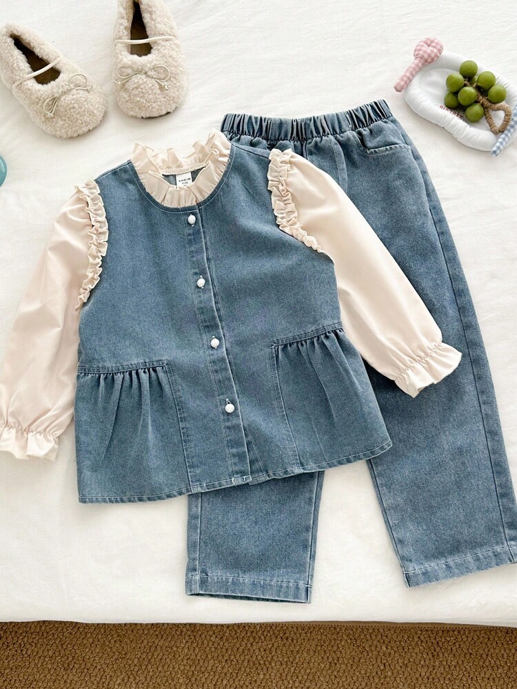 Genkimix Kids 2 件套幼儿女童可爱牛仔长袖上衣，带花卉饰边和宽松牛仔裤套装，二合一设计，舒适百搭，适合日常穿着、度假、郊游、上学、派对 - 彩色 - 查看 1