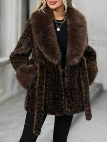 EMERY ROSE Women's Leopard Print Lapel Long Sleeve Faux Fur Fashion Jacket Women's Winter Clothes Women's Winter Coat Winter Coats For Women Women's Winter Jacket - Coffee Brown - View 5