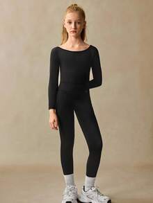 SHEIN 青少年女孩舒适合身芭蕾舞蹈运动跑步骑行健身时尚金色装饰黑色舒适弹力连体裤 - 黑色 - 查看 6