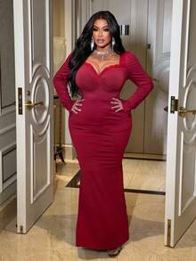 NU&NOW Christmas Plus Size Women Solid Color Sexy Elegant Lace Patchwork Ruffle Waist Long Sleeve Maxi Bodycon Dress, Evening Gown Fall Cloth For Women - Red - View 4