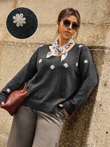 Calvaya Modischer, lässiger, eleganter, bestickter Pullover in Große Größen, grauer Damen-Pullover, Pullover für Frauen, Pullover für Frauen, Gänseblumen-Pullover
