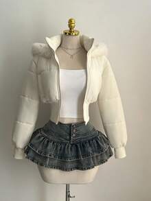 Elamini 女士时尚杏色复古拼接短款皮草连帽束腰立领长袖短款棉服外套，适合秋冬季 - 杏色 - 查看 3