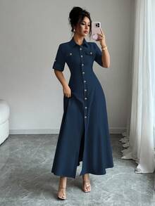 Elenzga Vestido largo de verano de unicolor con botones delanteros, casual y apropiado para ir al trabajo - azul real - Ver 7