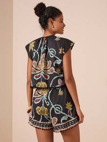 Travachic 女式 V 领流苏下摆衬衫和宽松流苏下摆印花短裤波西米亚风格海滩 2 件套 - 彩色 - 查看 2