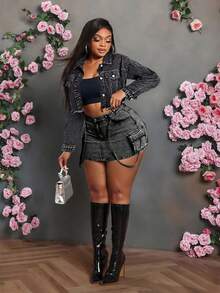 Slaydiva Damen Große Größen Denim Jacke mit ausgefransten Säumen, Lässig Frühling & Herbst Langarm Crop