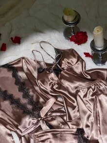 SilkySpell 4件套女士性感蕾丝吊带睡衣套装，蕾丝边短裤，长裤，优雅缎面腰带睡袍，四季皆宜的缎面睡衣套装，缎面睡袍套装，缎面内衣套装，睡衣套装，秋冬服装 - 棕色 - 查看 5