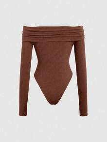 SHEIN Sweetro 针织露肩褶饰紧身衣，优雅长袖 - 棕色 - 查看 2