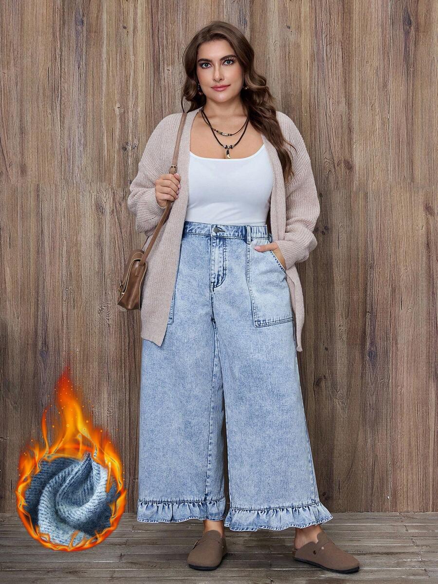 EMERY ROSE Plus Size Denim Vacation Style Frill Trim Wide Leg Pants - Light Wash - View 1