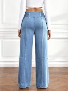 Flexra 女式宽松高腰阔腿休闲牛仔裤 - 藍色 - 查看 2