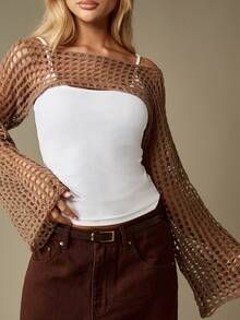 MISSGUIDED Crochet Bell Sleeve Knit Shrug Fishnet Bolero Cropped Sweater Winter Fall Fashion Open Knit Sheer Layering Coverup Formal Wedding Party Boho