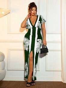 Cravure Women's Fitted Waist Elastic Floral Print V-Neck Dress - Dark Green - View 5