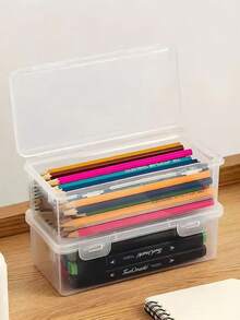 4 件套大容量透明收纳盒透明整理器带翻盖铰链盖适用于办公室学校办公室艺术工艺品用品办公桌配件返校 - 無色 - 查看 5